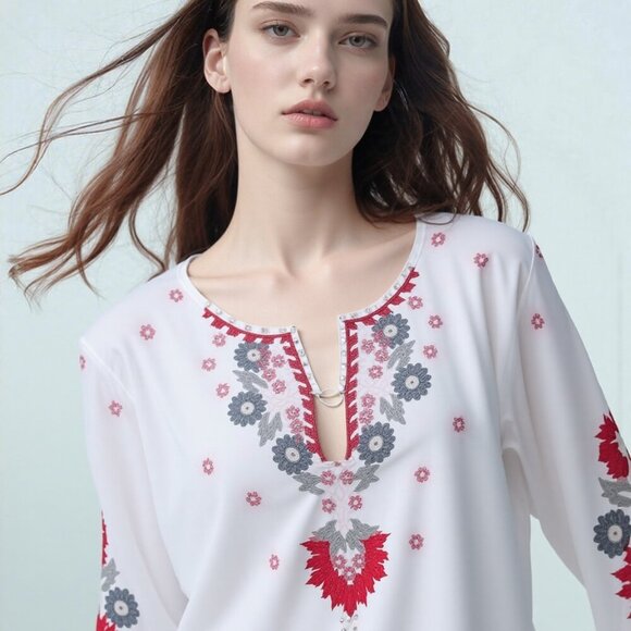 Women’s White Embroidered Bell Sleeve Slit Front Top Small - Picture 2 of 10